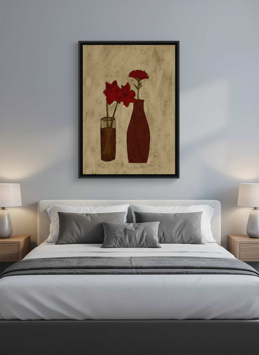 Minimalist artwork displayed in a calm, light-filled bedroom interior