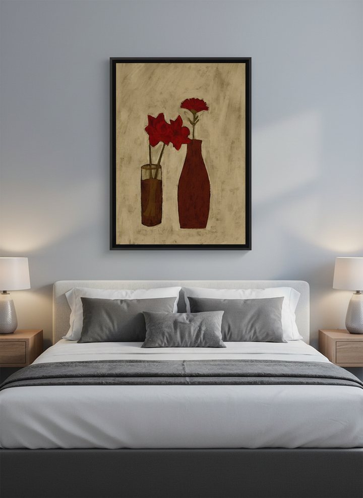 Minimalist artwork displayed in a calm, light-filled bedroom interior