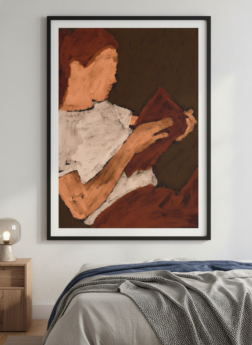 Minimalist artwork displayed in a calm, light-filled bedroom interior