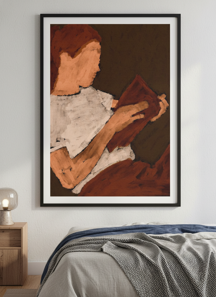 Minimalist artwork displayed in a calm, light-filled bedroom interior