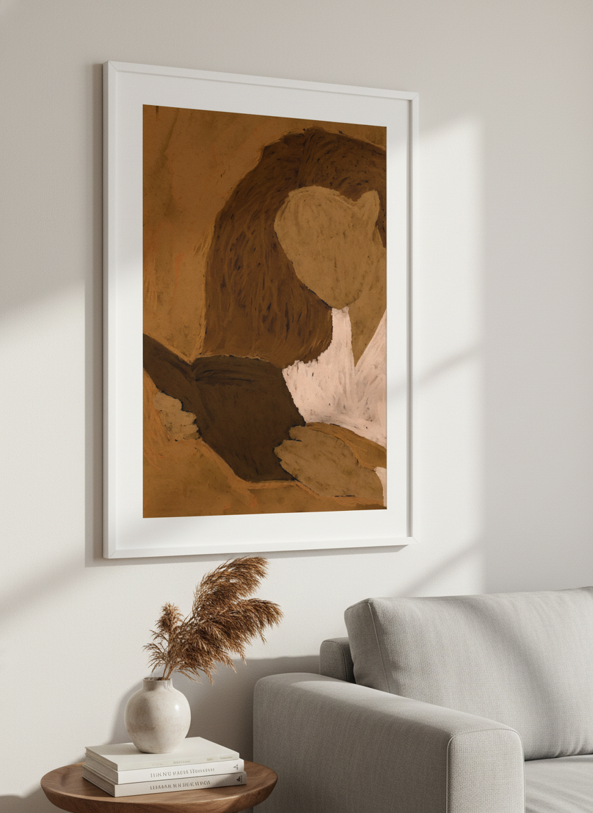 Modern wall art styled above a sofa in a neutral living room