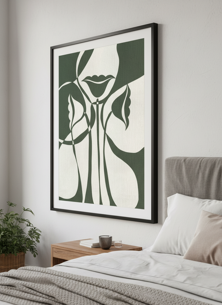 Minimalist artwork displayed in a calm, light-filled bedroom interior
