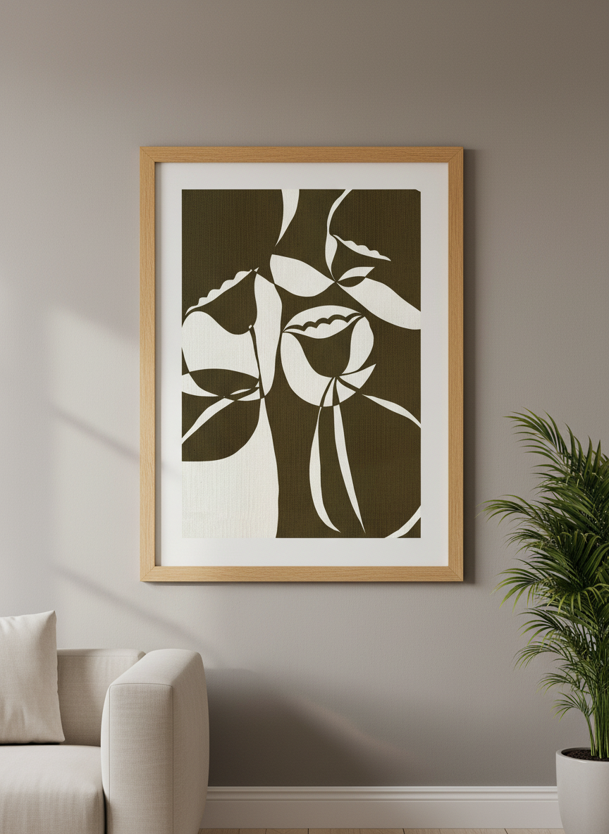 Modern wall art styled above a sofa in a neutral living room