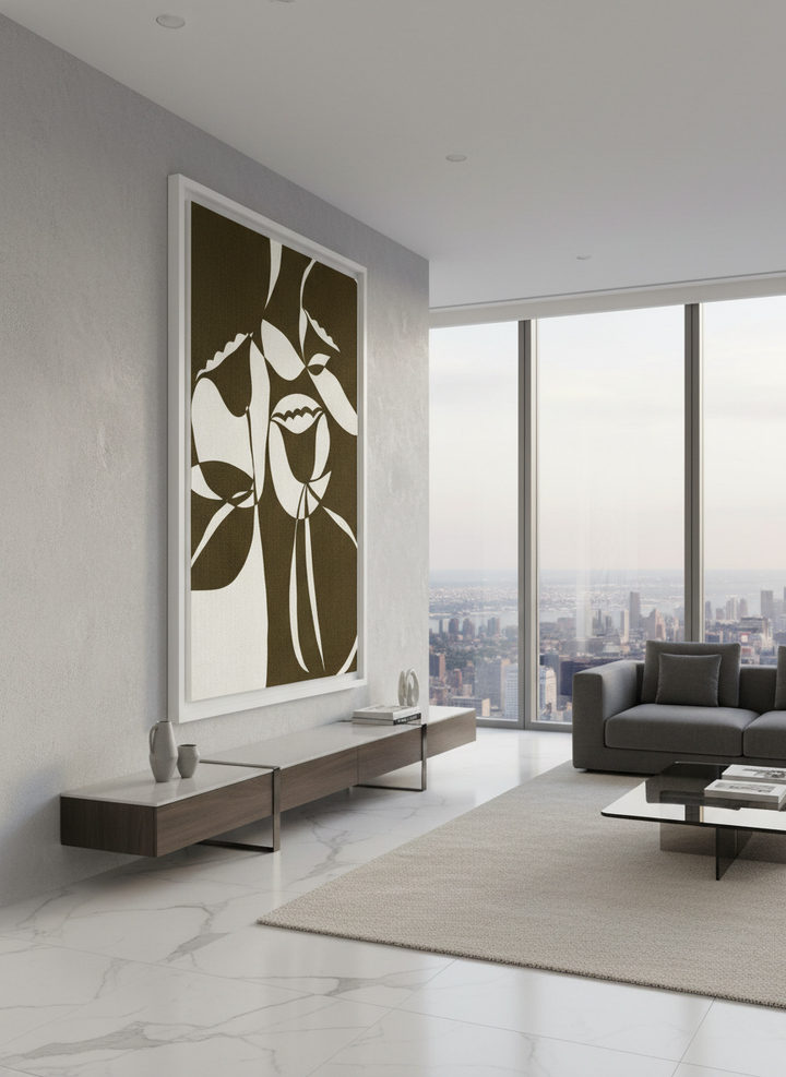 Monumental artwork centred on a feature wall in a luxe interior