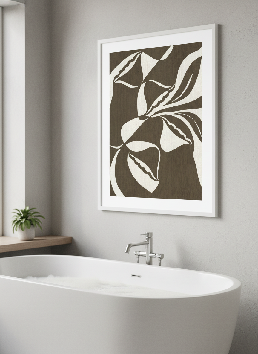 Modern print displayed in a clean minimalist bathroom setting