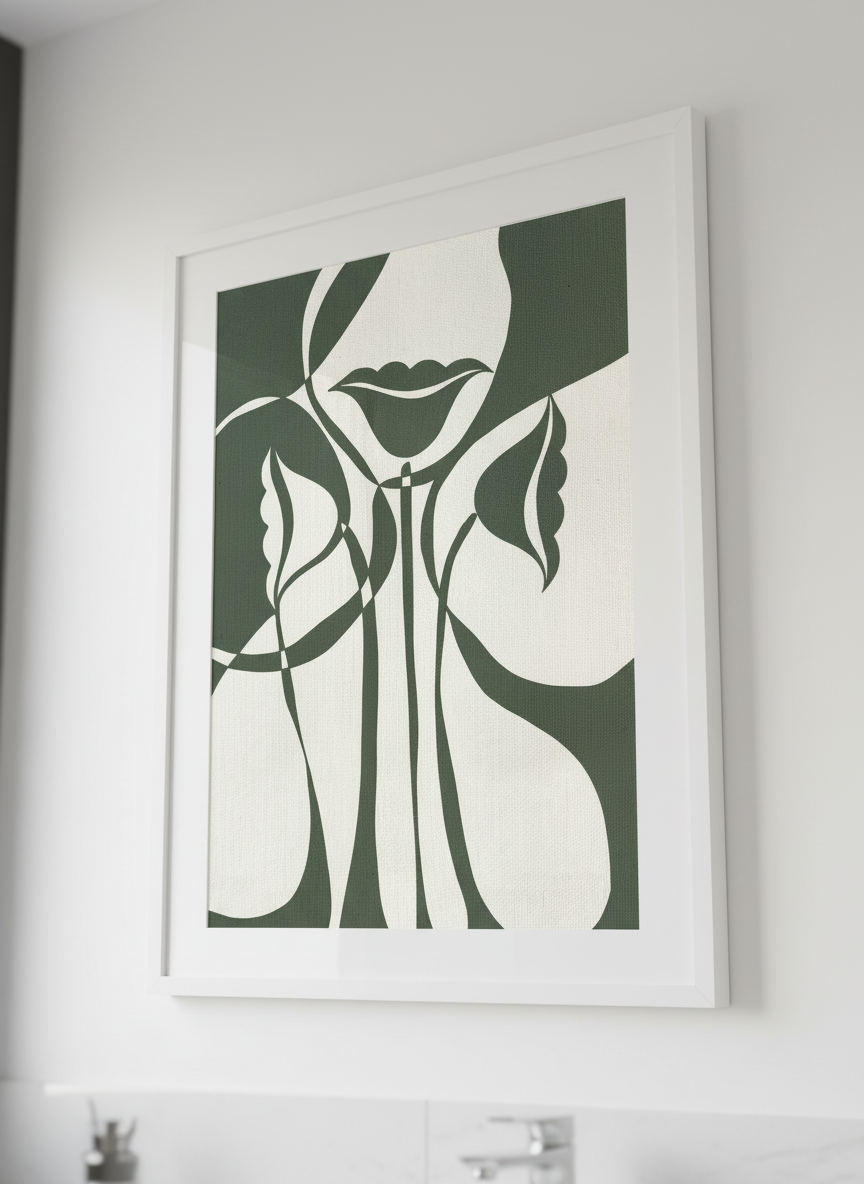 Modern print displayed in a clean minimalist bathroom setting
