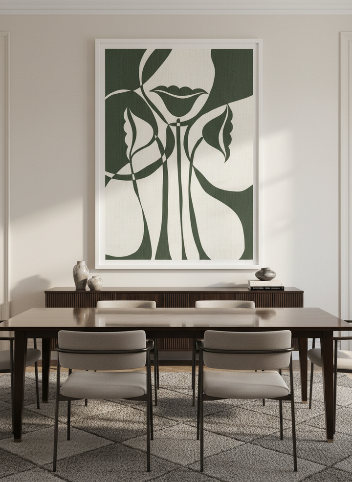 Monumental artwork centred on a feature wall in a luxe interior