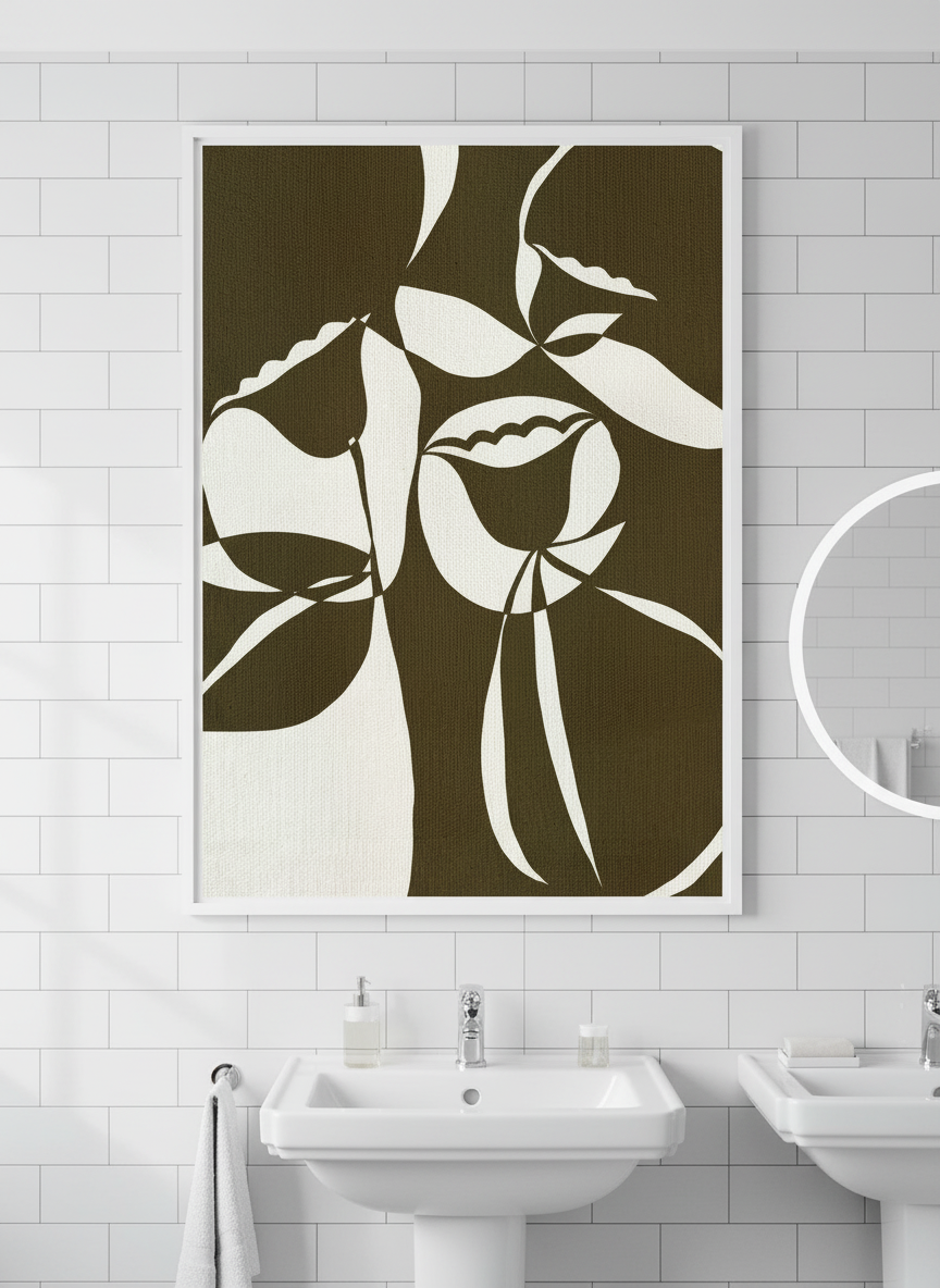 Modern print displayed in a clean minimalist bathroom setting
