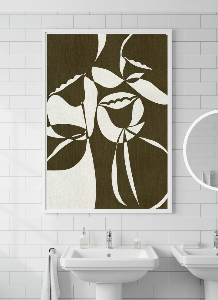 Modern print displayed in a clean minimalist bathroom setting