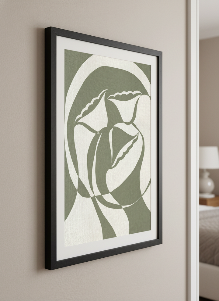 Minimalist artwork displayed in a calm, light-filled bedroom interior