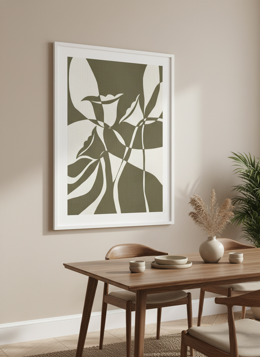 Wall art styled above a dining table in a contemporary home