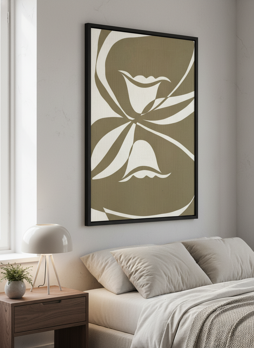 Minimalist artwork displayed in a calm, light-filled bedroom interior