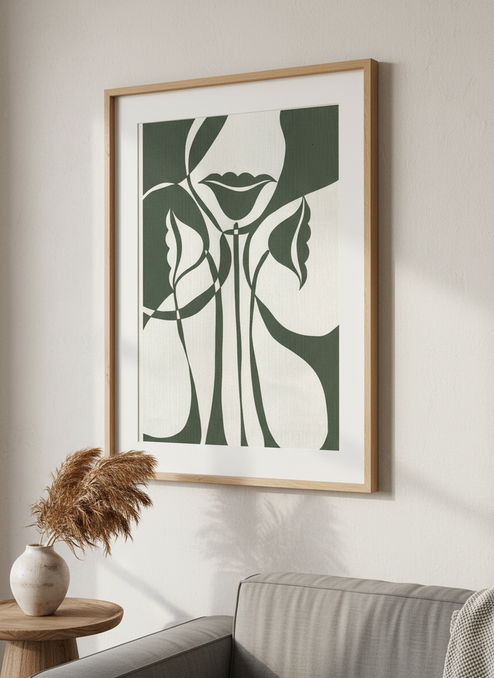 Modern wall art styled above a sofa in a neutral living room