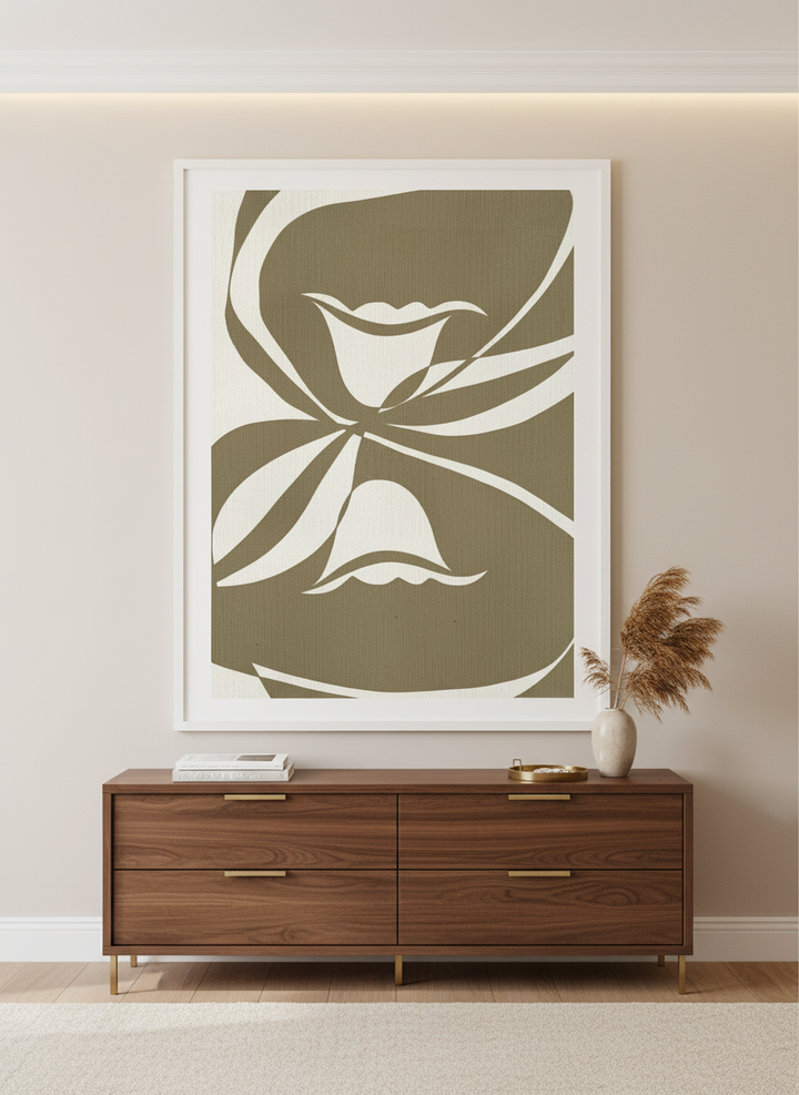 Monumental artwork centred on a feature wall in a luxe interior