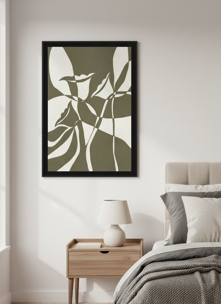Minimalist artwork displayed in a calm, light-filled bedroom interior