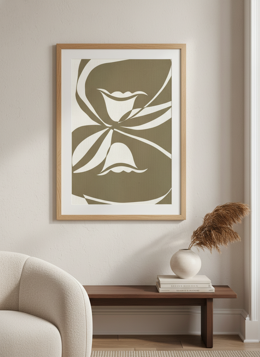 Modern wall art styled above a sofa in a neutral living room