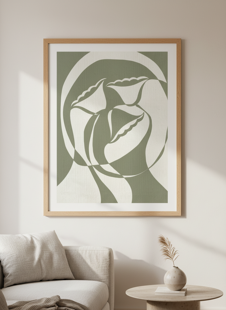 Modern wall art styled above a sofa in a neutral living room