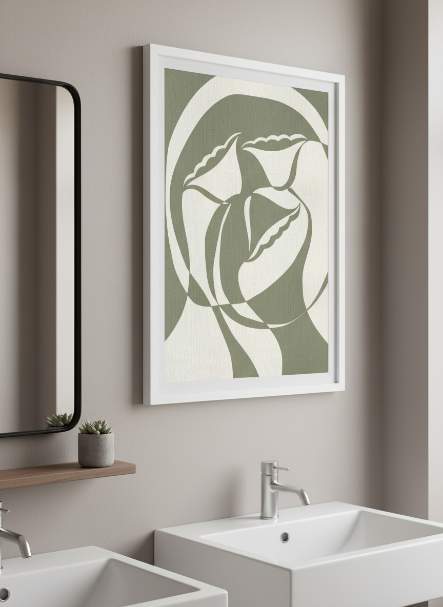 Modern print displayed in a clean minimalist bathroom setting