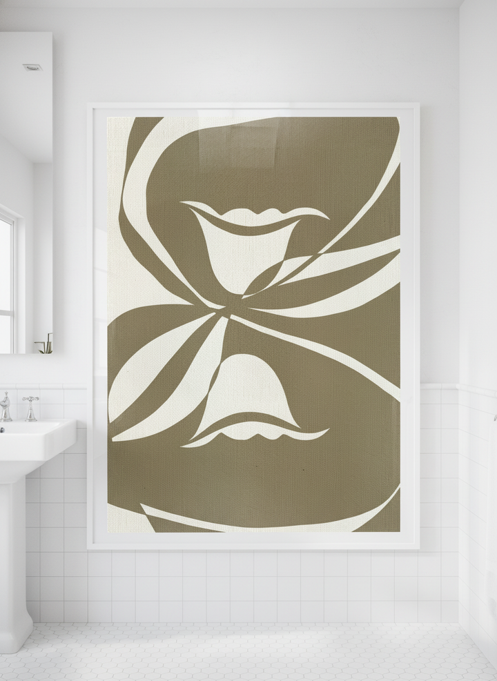 Modern print displayed in a clean minimalist bathroom setting