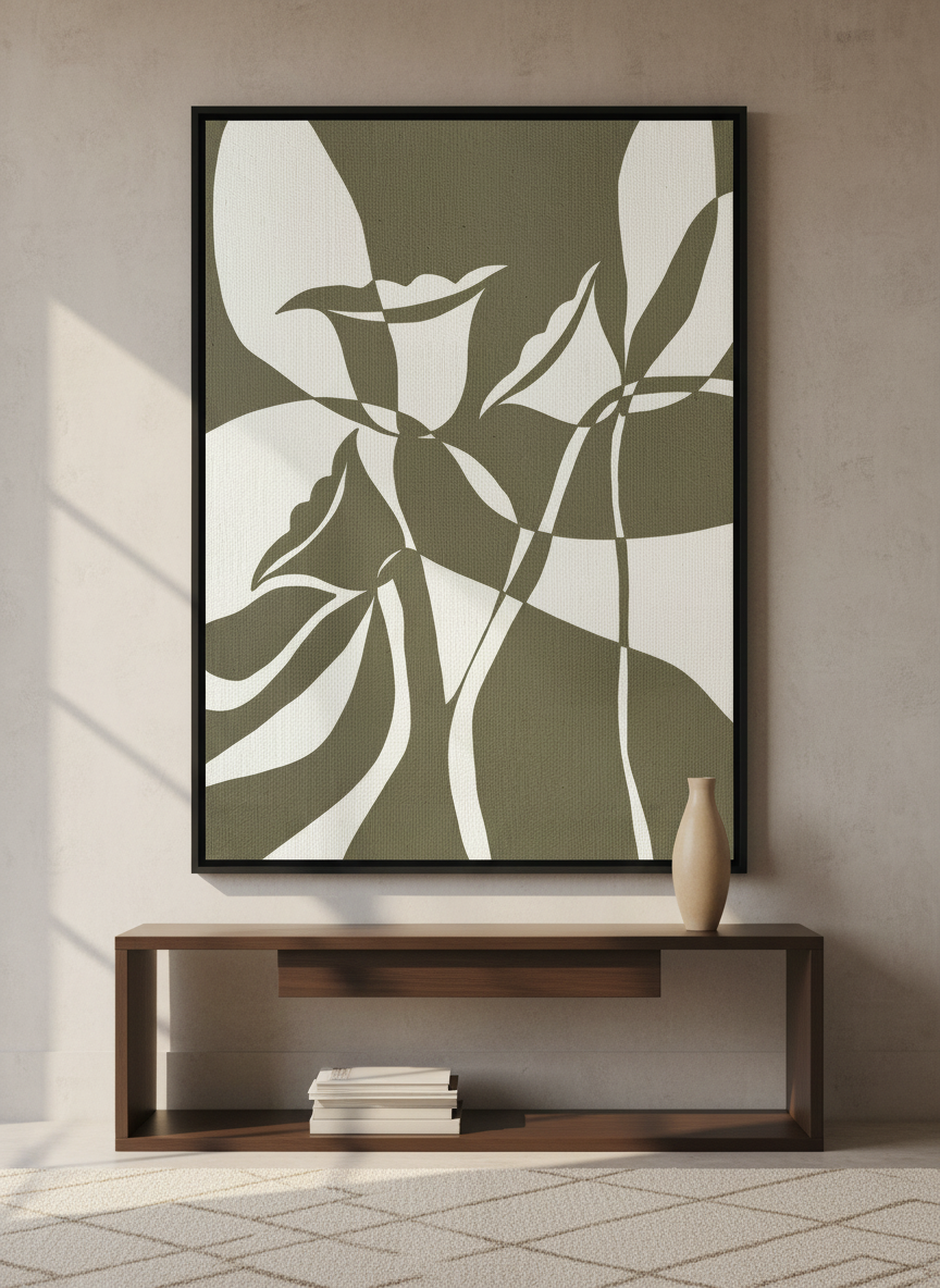 Monumental artwork centred on a feature wall in a luxe interior