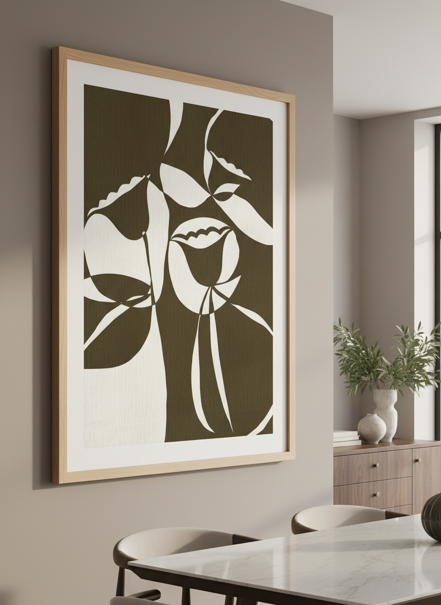 Wall art styled above a dining table in a contemporary home