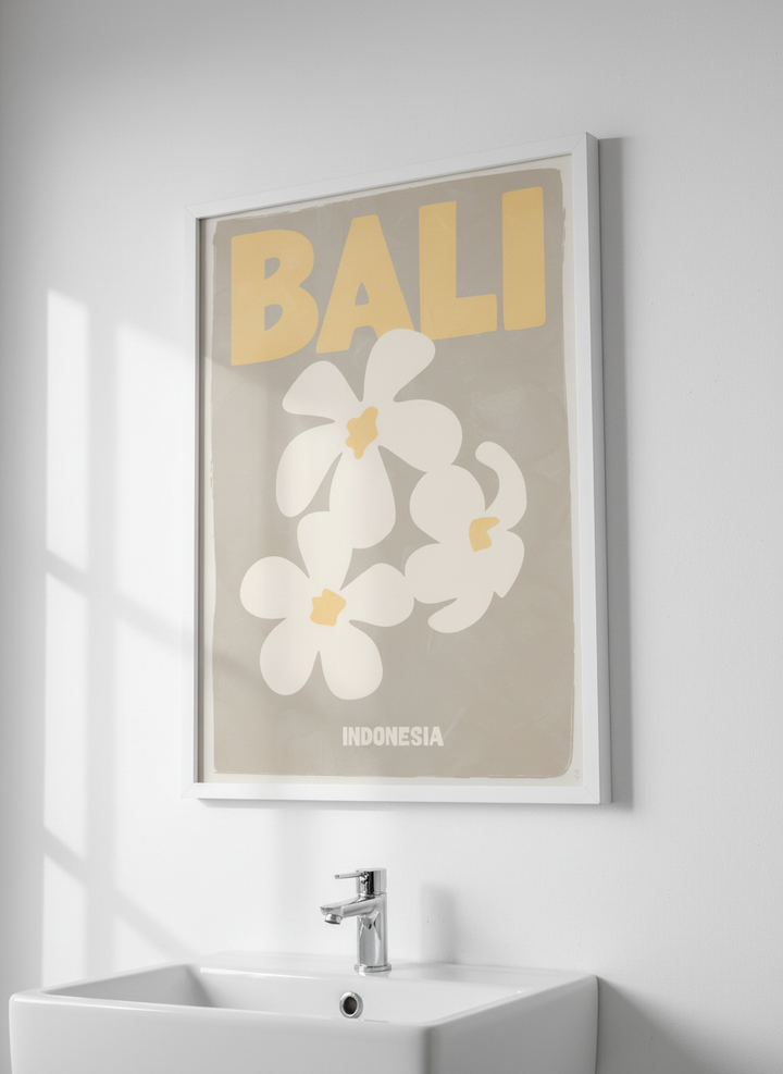 Modern print displayed in a clean minimalist bathroom setting