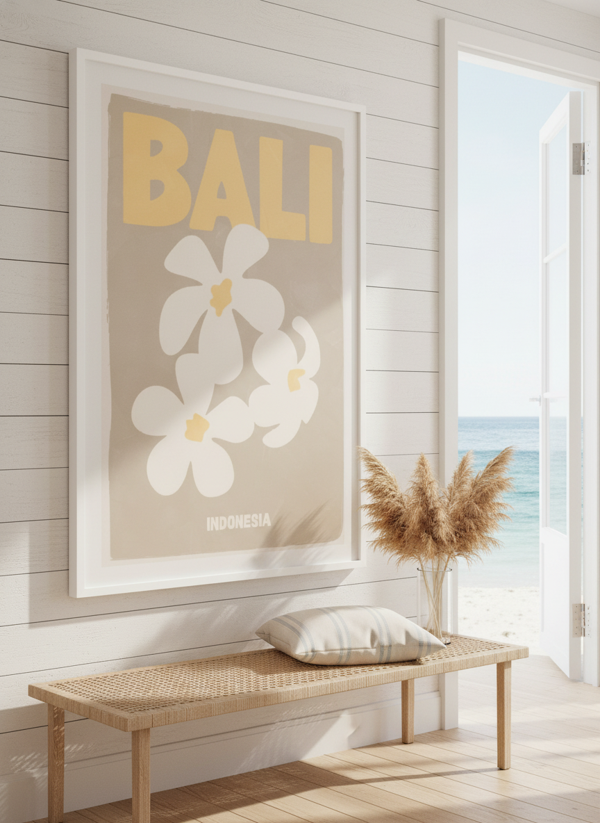 Neutral wall art displayed in a sunny coastal beach house