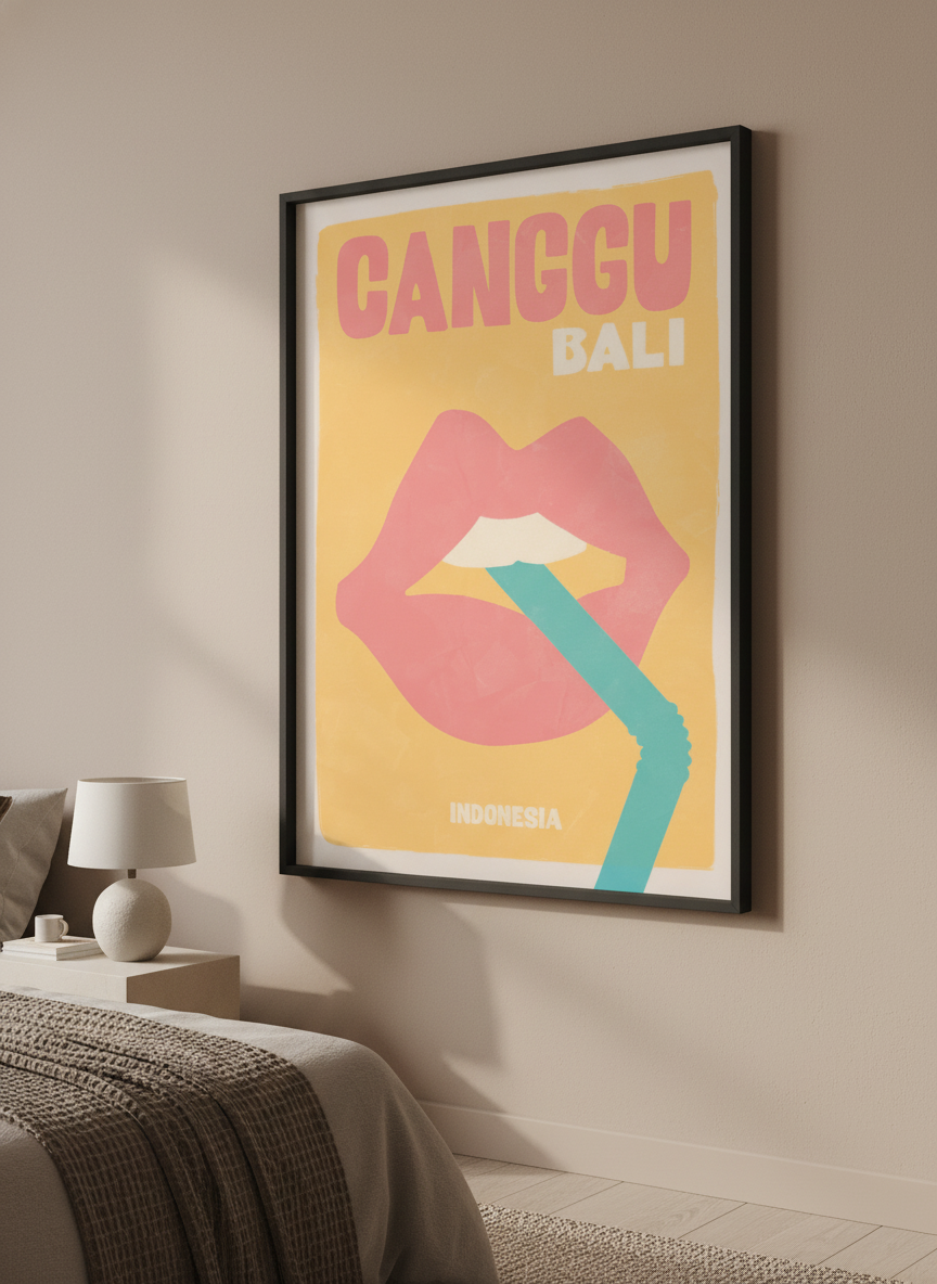 Minimalist artwork displayed in a calm, light-filled bedroom interior
