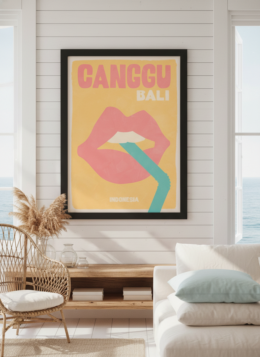 Neutral wall art displayed in a sunny coastal beach house