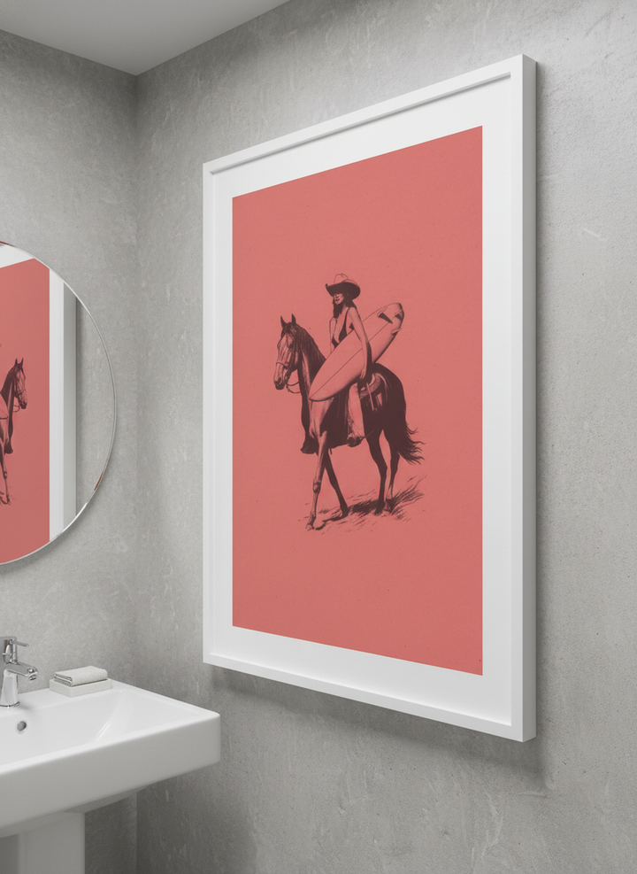 Modern print displayed in a clean minimalist bathroom setting