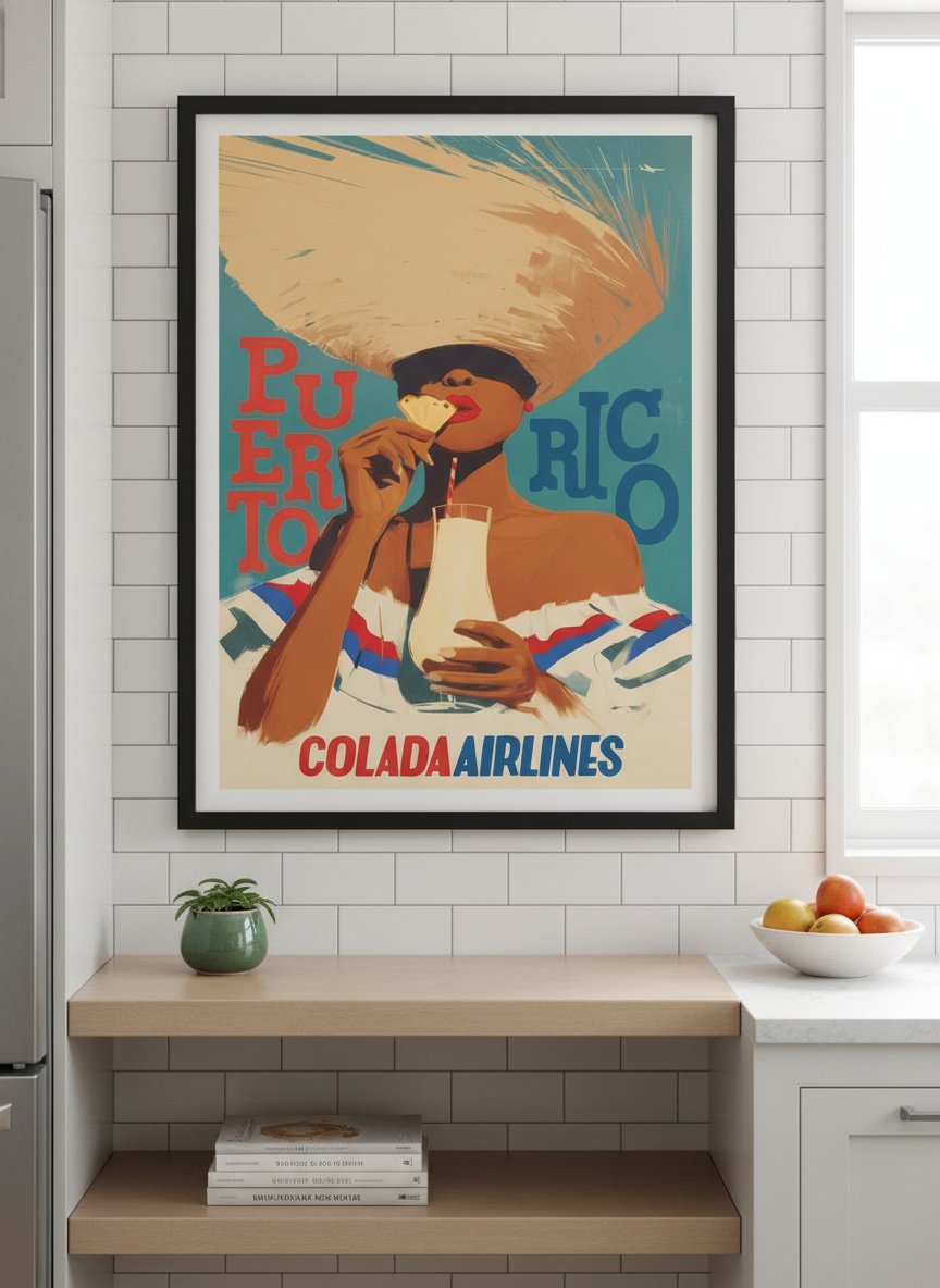 Artwork styled on the wall of a bright modern kitchen
