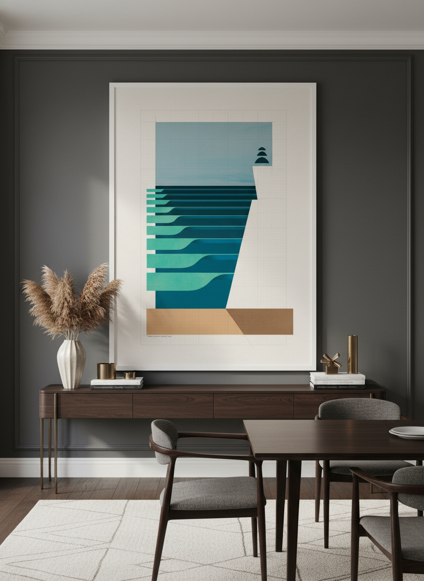 Monumental artwork centred on a feature wall in a luxe interior