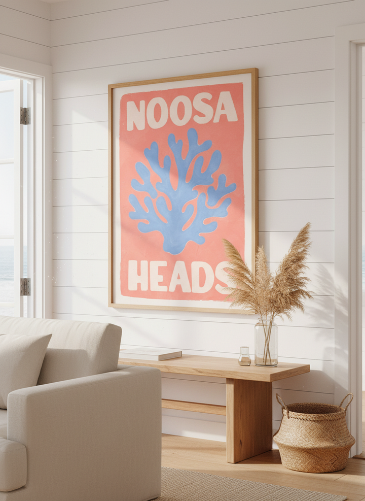 Neutral wall art displayed in a sunny coastal beach house