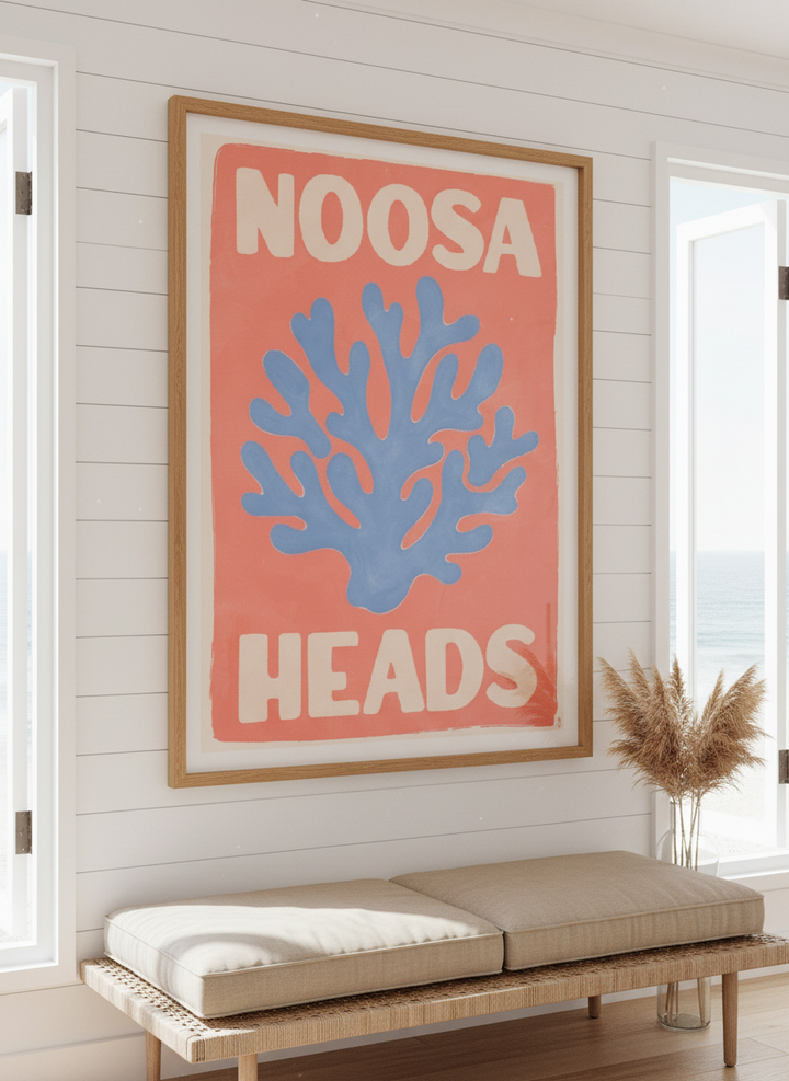 Neutral wall art displayed in a sunny coastal beach house