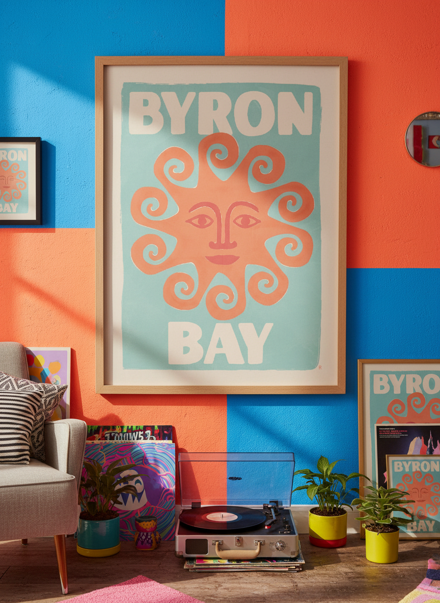 Bold wall art styled in a colourful, eclectic modern home