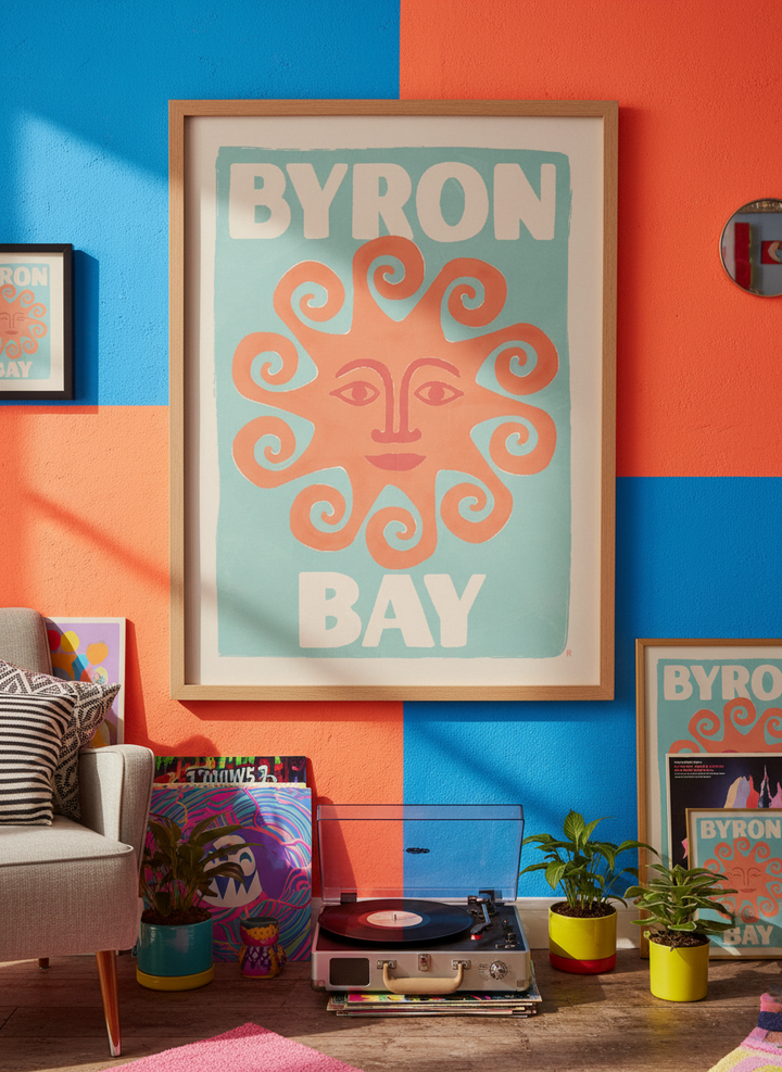 Bold wall art styled in a colourful, eclectic modern home