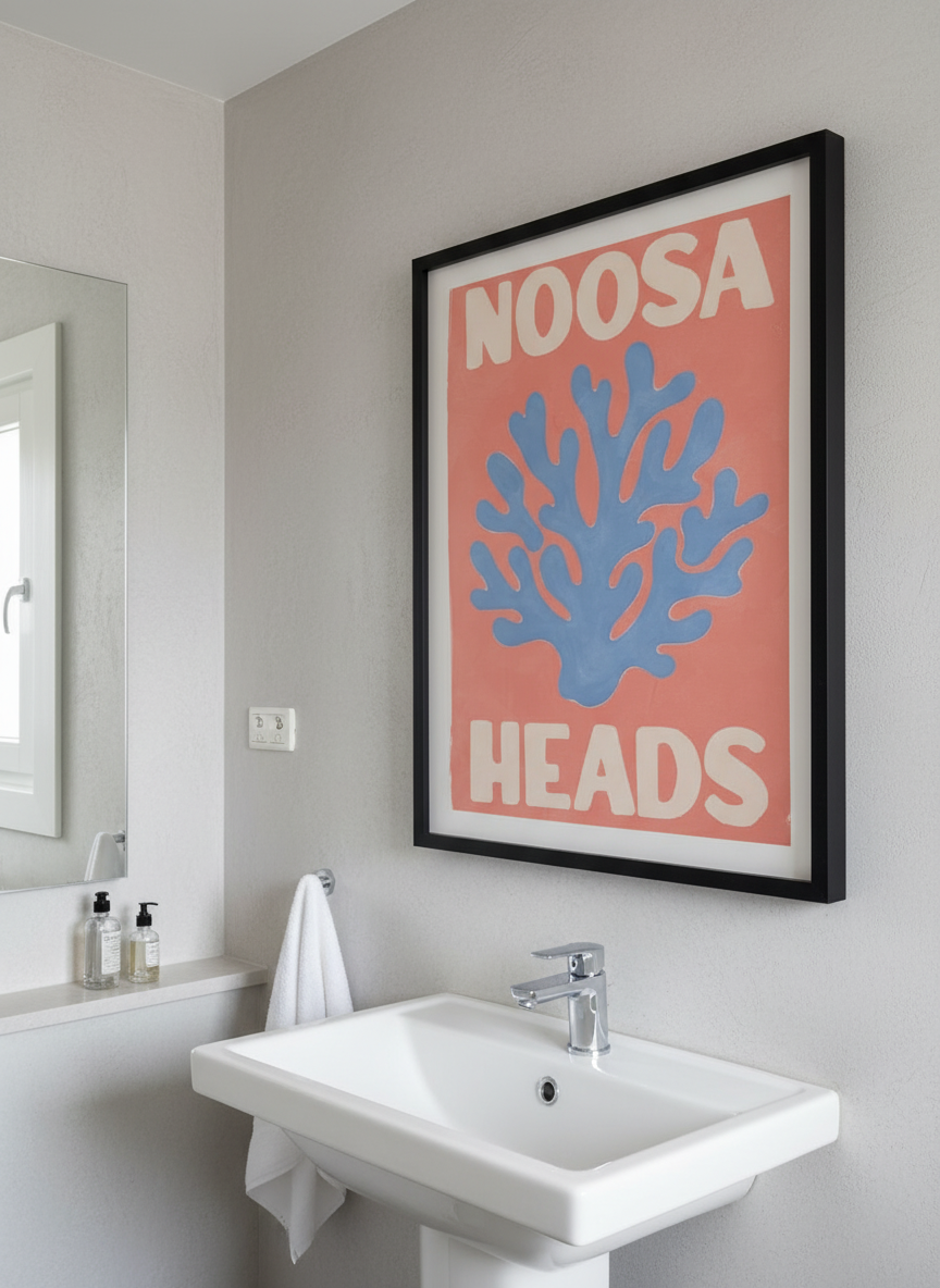 Modern print displayed in a clean minimalist bathroom setting