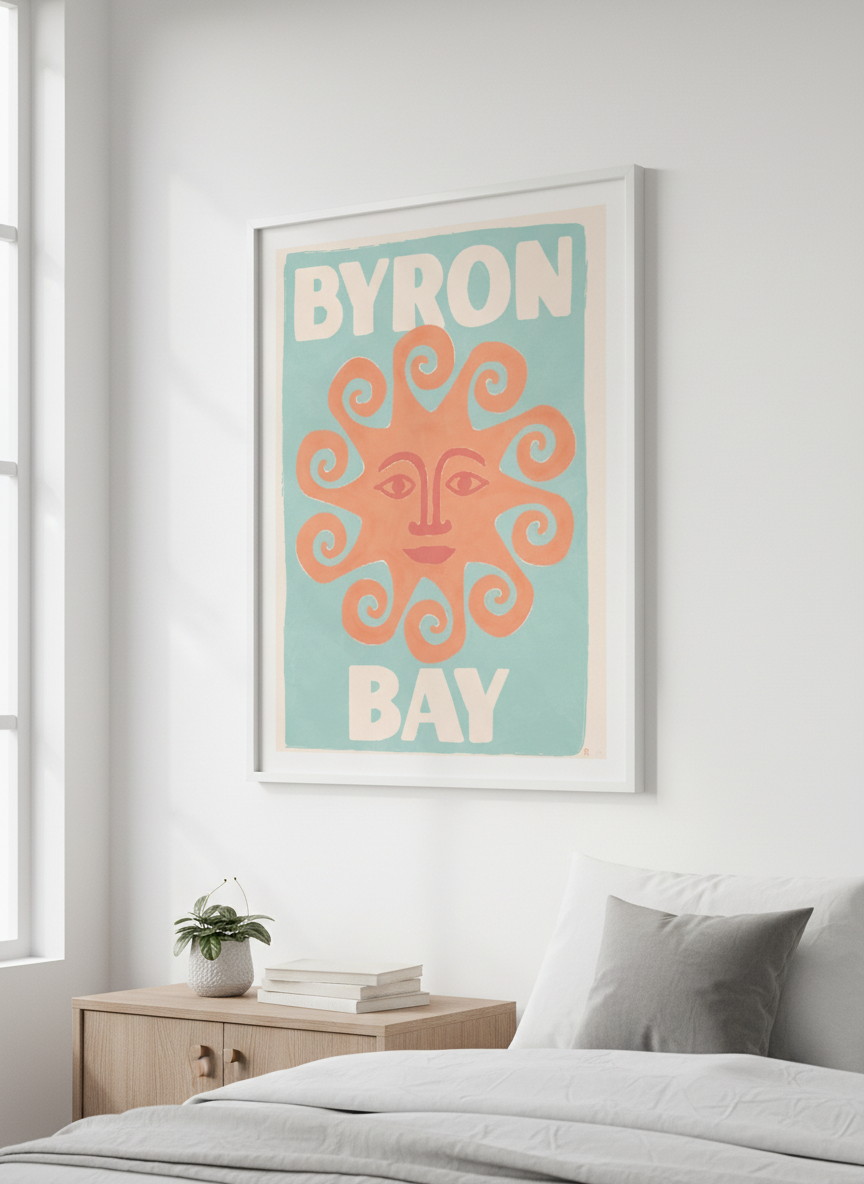 Minimalist artwork displayed in a calm, light-filled bedroom interior