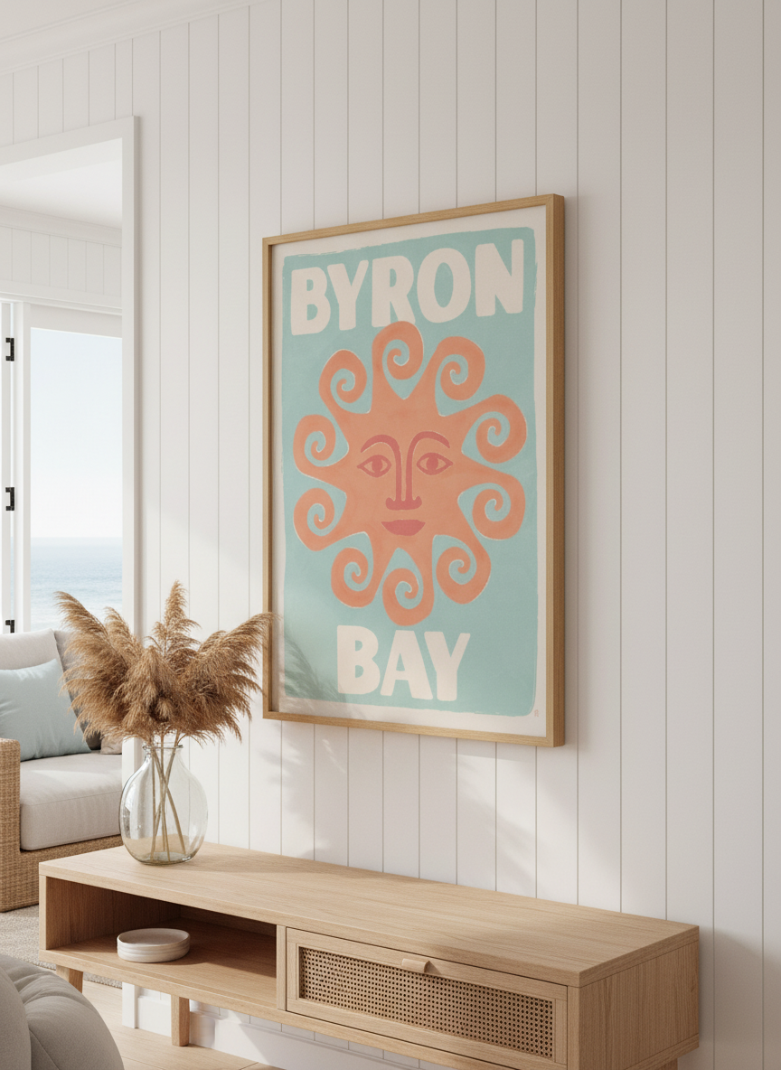 Neutral wall art displayed in a sunny coastal beach house