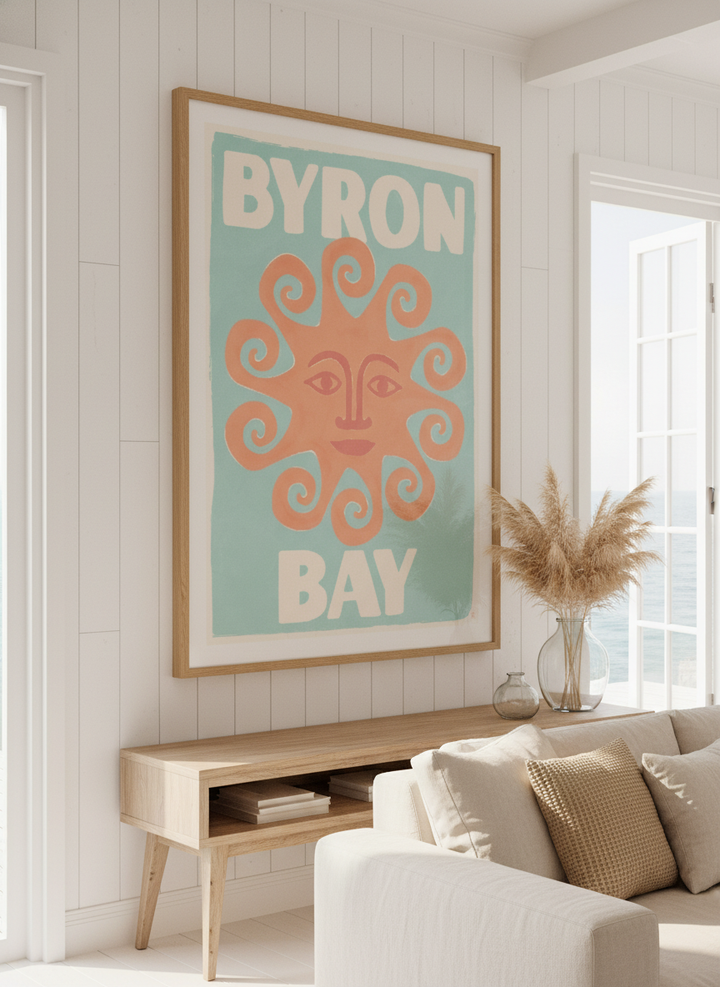 Neutral wall art displayed in a sunny coastal beach house
