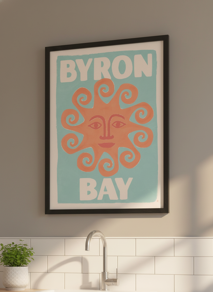 Artwork styled on the wall of a bright modern kitchen