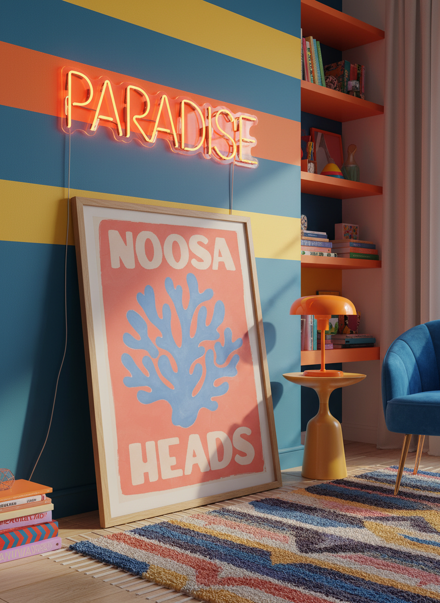 Bold wall art styled in a colourful, eclectic modern home