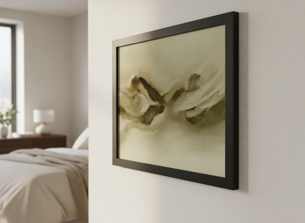 Minimalist artwork displayed in a calm, light-filled bedroom interior