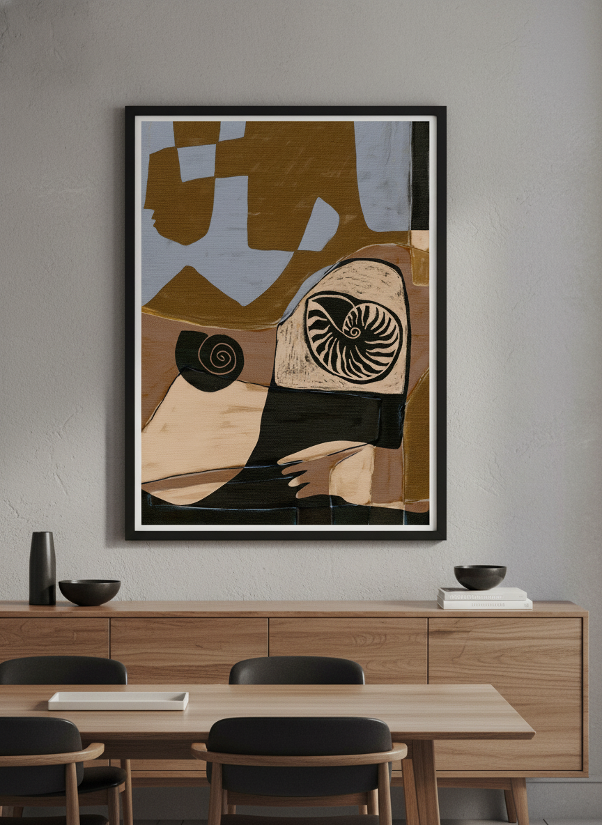 Wall art styled above a dining table in a contemporary home
