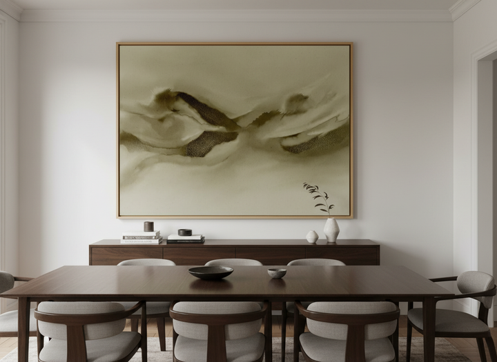 Monumental artwork centred on a feature wall in a luxe interior