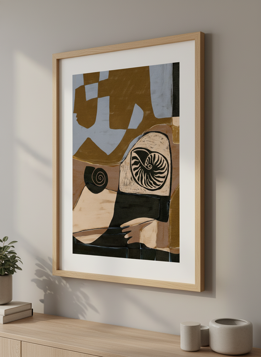Modern wall art styled above a sofa in a neutral living room