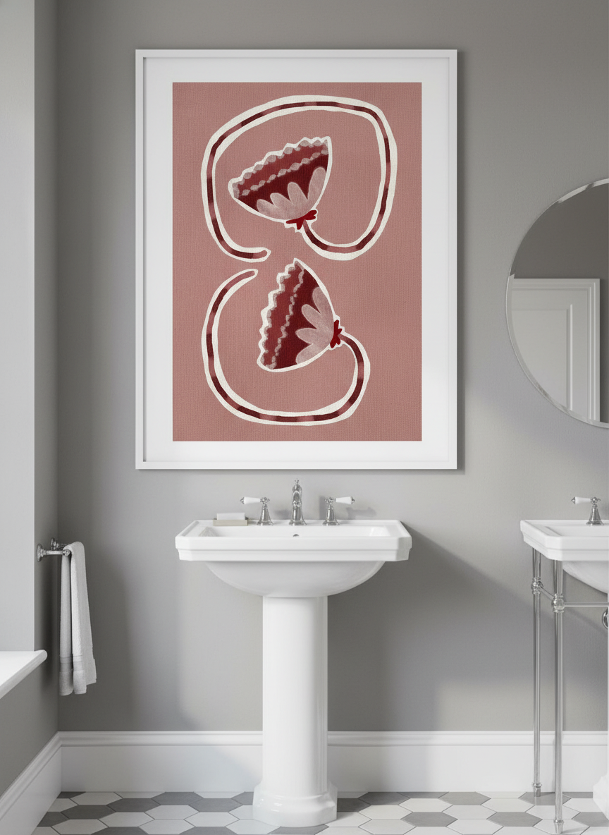 Modern print displayed in a clean minimalist bathroom setting
