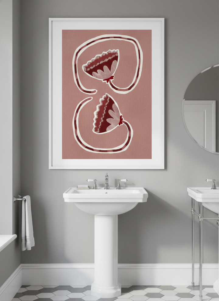Modern print displayed in a clean minimalist bathroom setting