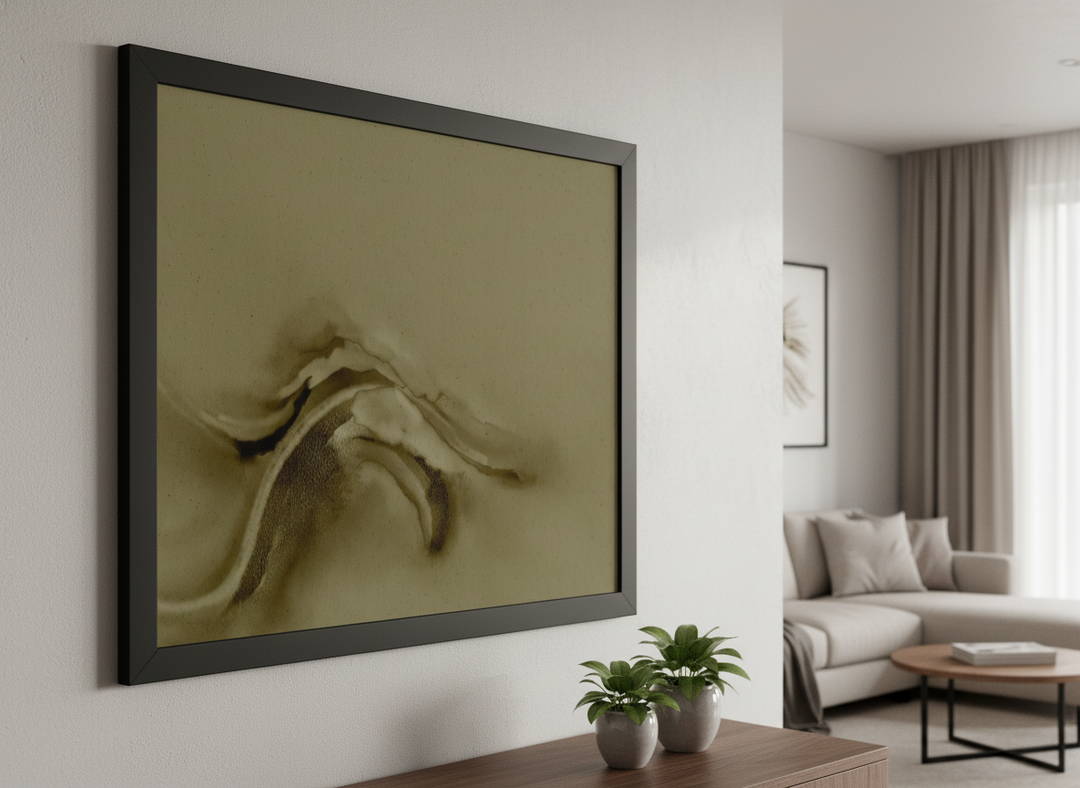 Modern wall art styled above a sofa in a neutral living room