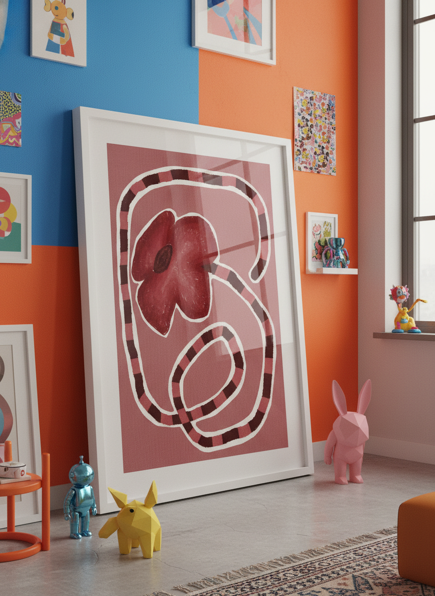 Bold wall art styled in a colourful, eclectic modern home